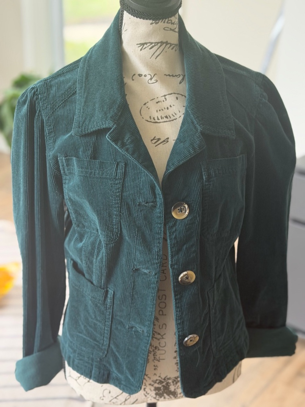 Anthropologie Deep Teal Corduroy Button Jacket